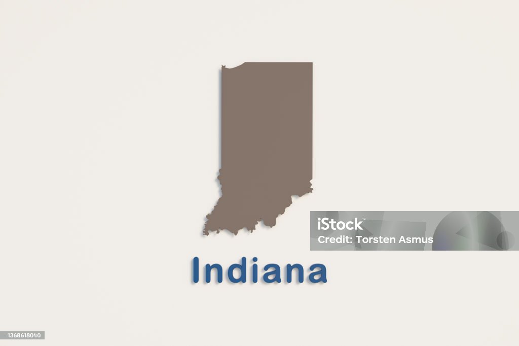 US State Indiana map in brown and the name of state Indiana in blue. US states graphic concept, 3d illustration. Abstract Stock Photo