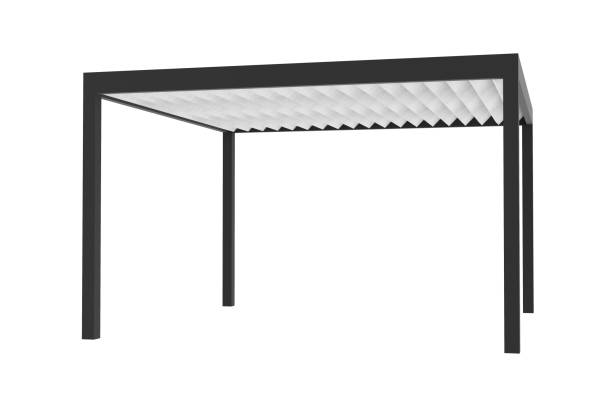 3d render of bioclimatic louver pergola 3d render of bioclimatic louver pergola, brown coated aluminum iron gazebo stock pictures, royalty-free photos & images