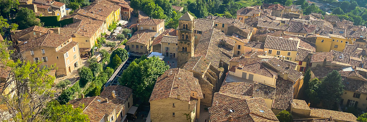 Panoramic view of the village of Moustiers Sainte Marie in the Verdon valley, France