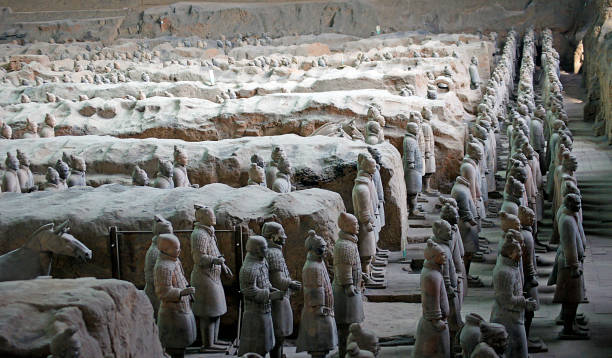 Terracotta Army, Xi'an, China The Terracotta Warriors are a collection of terracotta statues depicting the figures of warriors and horses of the army of China's self-proclaimed first emperor of the Qin Dynasty, Qin Shi Huang, in 210-209 BC. C. terracotta soldiers stock pictures, royalty-free photos & images