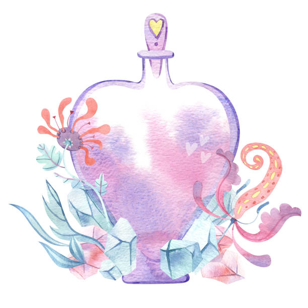 Watercolor magic heart-shaped bottle with crystals and floral elements. Glass perfume flask, elixir or poison. Valentine's Day design. vector art illustration