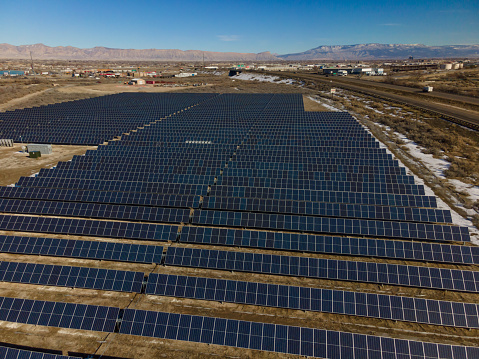 Solar Farm in Western Colorado near Fruita Aerial View in the Late Afternoon