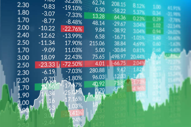 istock Finance blue background with numbers, white and green charts. Financial market concept 1368625159