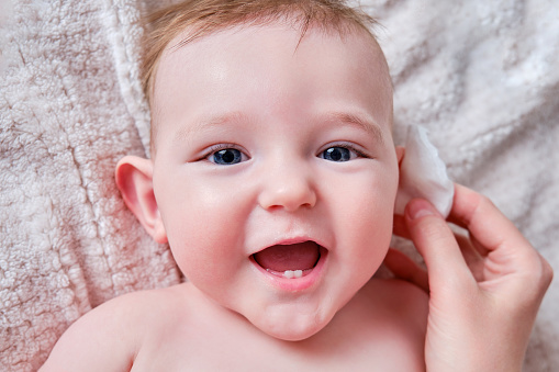 Mother hands wash the ears of a happy infant baby with a cotton pad. Mom holds hygiene face toddler kid on the sofa, six to seven months old