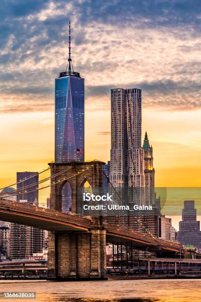 Brooklyn Bridge At Sunset Stock Photo - Download Image Now - New York City, New York State, Urban Skyline