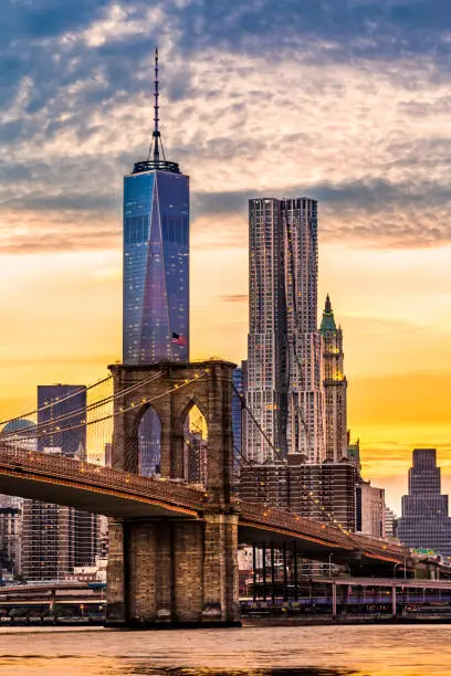 Brooklyn Bridge at sunset viewed from Brooklyn Bridge park