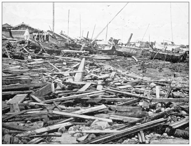 stockillustraties, clipart, cartoons en iconen met antique travel photographs of japan: typhoon destruction in kobe - tyfoon fotos