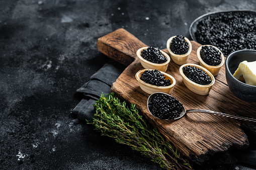 Tartlets with Sturgeon Black caviar on wooden board. Black background. Top view. Copy space.