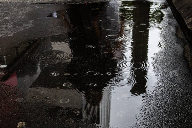 Puddle of water with raindrops on the asphalt