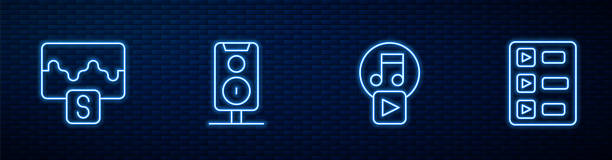 istock Set line Play in square, Music wave equalizer, Stereo speaker and playlist. Glowing neon icon on brick wall. Vector 1368635188