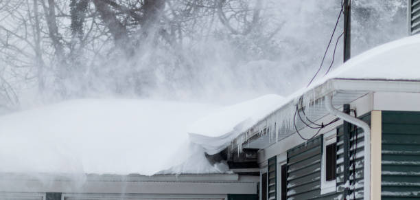 istock Snow blowing off of a roof during a blizzard 1368635385