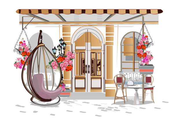 Series of backgrounds decorated with flowers, old town views and street cafes. Series of backgrounds decorated with flowers, old town views and street cafes.    Hand drawn vector architectural background with historic buildings. london fashion stock illustrations
