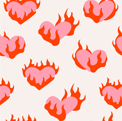 Seamless pattern with flaming hearts. Vector abstract background. Heart burning in fire. Valentine's day. For textile, prints, posters.