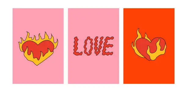 Vector illustration of Set of valentine's day greeting cards in hippie retro style. Illustration of flaming hearts and lettering love with outline.