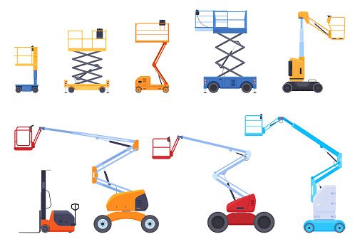 Various industrial mechanical lifts scissors lift platform with basket collection vector flat illustration. Set construction transportation forklift and lift for cargo delivery and staff support