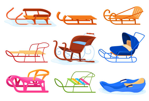 Various children's sledges collection vector flat illustration. Snow wooden plastic metallic sledge Various children's sledges collection vector flat illustration. Snow wooden plastic and metallic sledge set isolated. Winter seasonal classic childhood transport vehicle for outdoor leisure recreation sledge stock illustrations