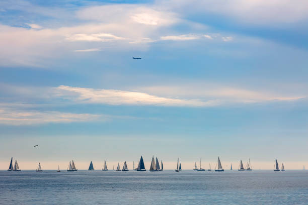 Wind boats regatta Panorama of wind boats and a calm sea at horizon at sunset in Barcelona, Spain regatta stock pictures, royalty-free photos & images