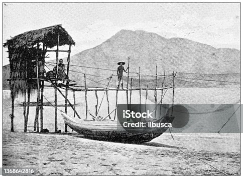 istock Antique travel photographs of China: Fishing on the river 1368642816
