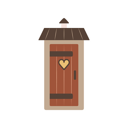 Village toilet. Cartoon object of the farm. Object of rural life. Wooden outdoor cabin. Simple cute flat icon. Clipart, element for design of the game map.