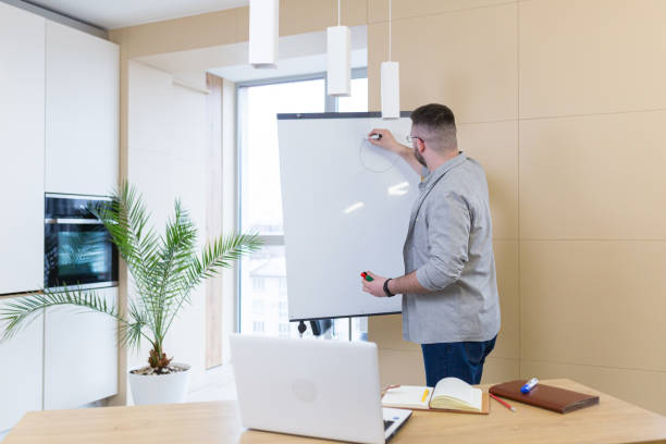 istock Young male business coach conducts online training, writes on a flipchart 1368643047