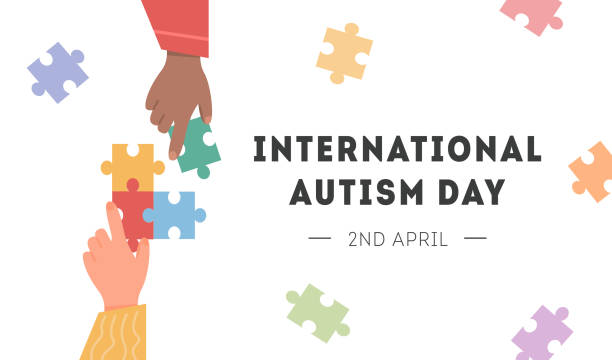 International Autism Awareness Day Card. Caucasian and african hand holding colourful puzzle pieces. Psychological concept of Autistic children. Social Difficulty. Mental disability disorder. Vector. International Autism Awareness Day Banner. Caucasian and african hand playing with colourful puzzle pieces. Psychological concept of Autistic children. Social Difficulty. Mental disability disorder. autism stock illustrations