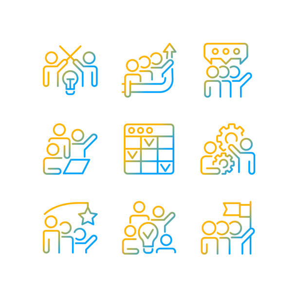 Collaboration gradient linear vector icons set Collaboration gradient linear vector icons set. Partnership for cooperating on process. Conflict management. Thin line contour symbol designs bundle. Isolated outline illustrations collection mediation icon stock illustrations