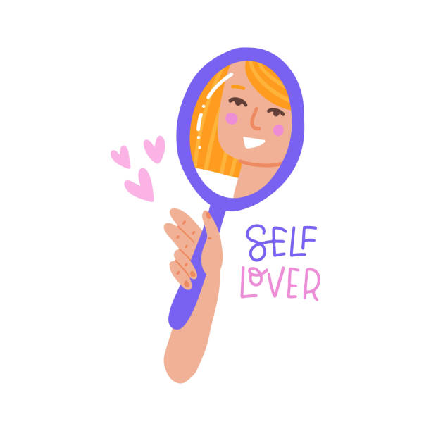 Hand holding mirror with smiling female face reflection. Concept of self-acceptance and self-love. Flat hand drawn vector illustration of mental health. Self lover lettering text. Hand holding mirror with smiling female face reflection. Concept of self-acceptance and self-love. Flat hand drawn vector illustration. of mental health. Self lover lettering text mirror object patterns stock illustrations