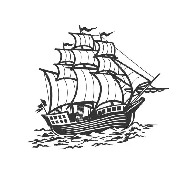 Vector illustration of Ship, sailboat. Black and white illustration.