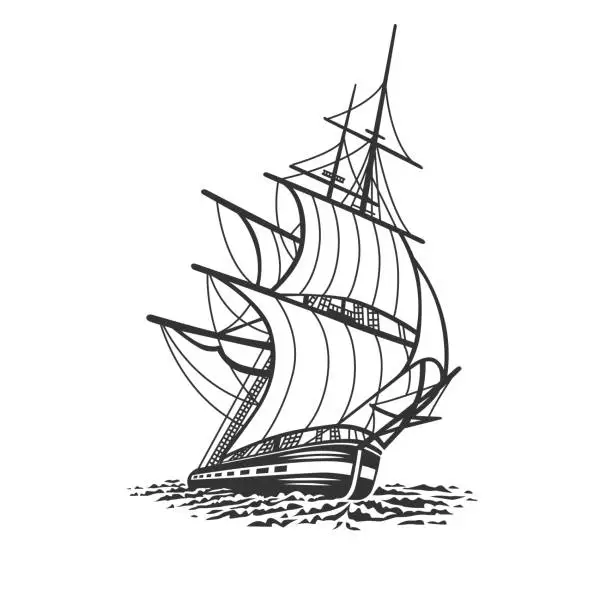 Vector illustration of Ship, sailboat. Black and white illustration.