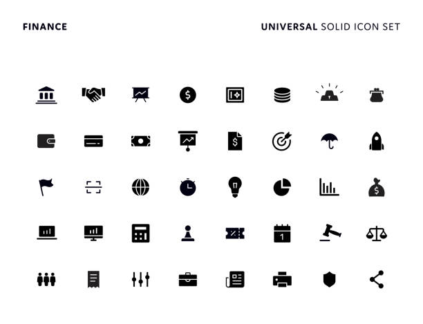 Finance Univrsal Solid Icon Set Financial Concept Basic Solid Icon Set. Icons are Suitable for Web Page, Mobile App, UI, UX and GUI design. solid stock illustrations