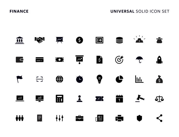 Finance Univrsal Solid Icon Set Financial Concept Basic Solid Icon Set. Icons are Suitable for Web Page, Mobile App, UI, UX and GUI design. solid stock illustrations