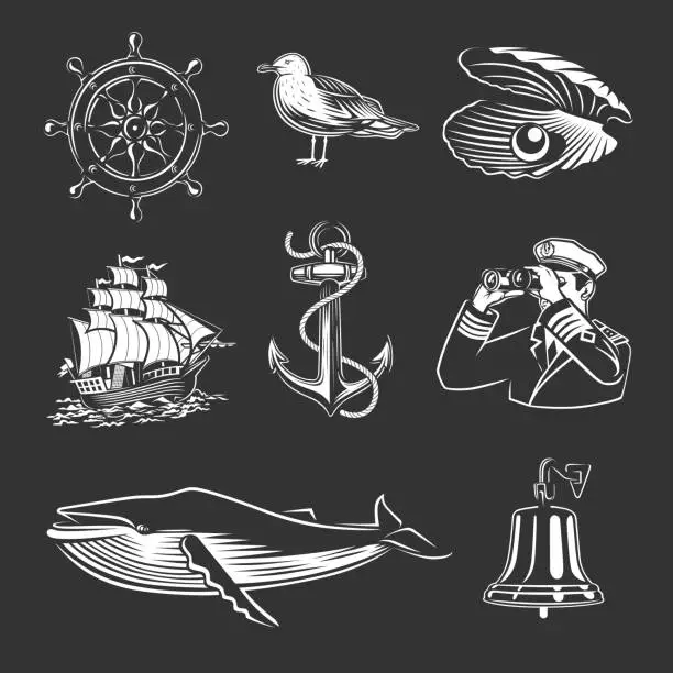 Vector illustration of Sea theme set. Black and white illustrations.