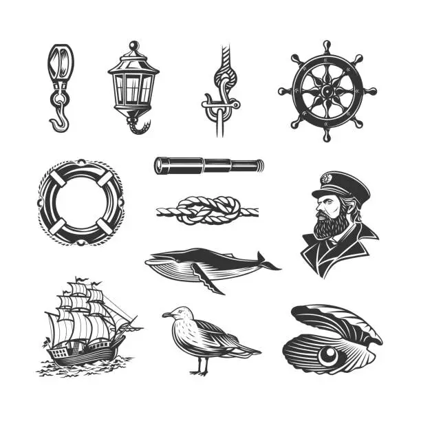Vector illustration of Sea theme set. Black and white illustrations.