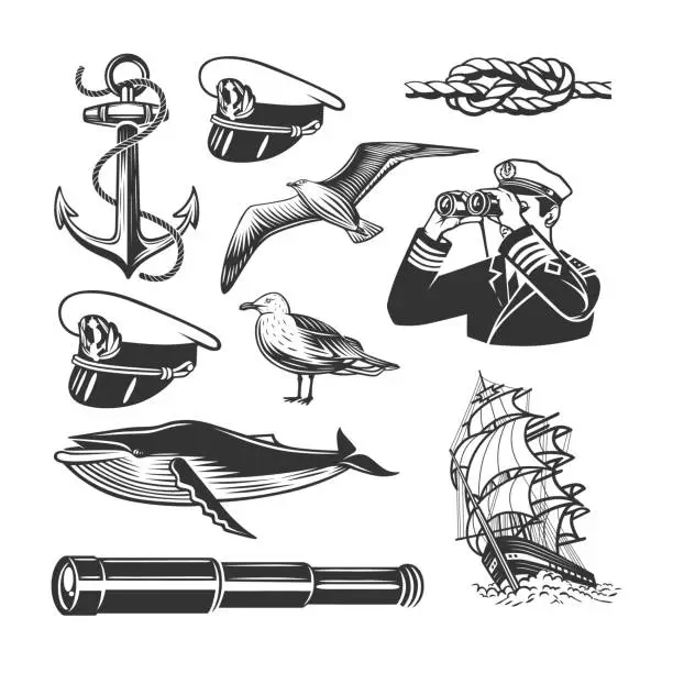 Vector illustration of Sea theme set. Black and white illustrations.