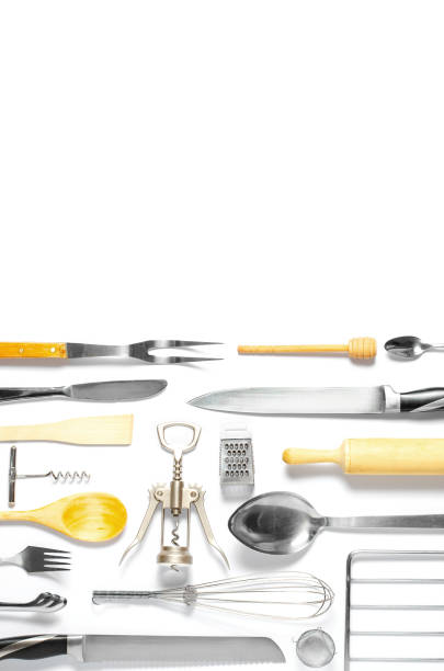istock Wooden and metal kitchen utensils. Tools for cooking. White background. Flat lay 1368646120