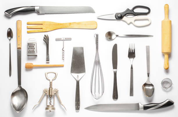 istock Wooden and metal kitchen utensils. Tools for cooking. White background. Flat lay 1368646146