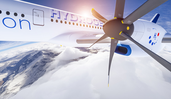 Hydrogen filled H2 propeller Airplane flying in the sky - future H2 energy concept. 3d rendering