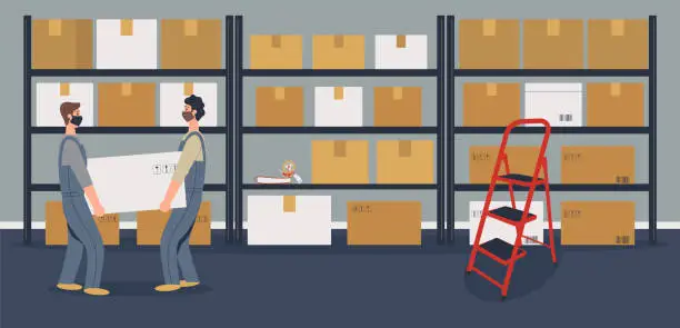 Vector illustration of Warehouse or storeroom: storekeepers or loaders