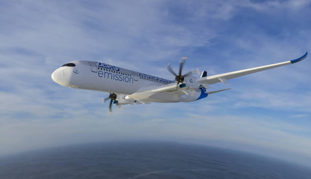istock Blue Hydrogen filled H2 Aeroplane flying in the sky - future H2 energy concept. 1368647267