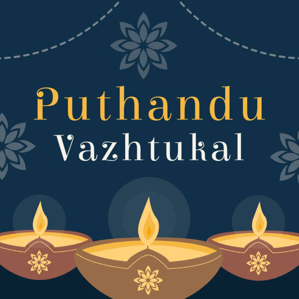 puthandu vazhtukal holiday tamil tłumaczenie szczęśliwego nowego roku. ugandu lub diwali south india sri lanka festival. oferowanie lampy naftowej diya w glinianym garnku na ciemnym tle. tradycyjne święto religijne. - tamil stock illustrations