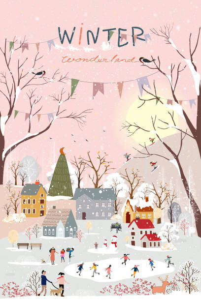 ilustrações de stock, clip art, desenhos animados e ícones de winter wonderland landscape background at night with people celebration and kids having fun at park in village.vector illustration cute cartoon for greeting card  or banner for christmas or new year - christmas village urban scene winter