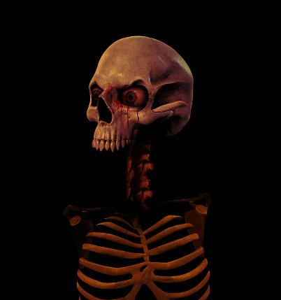 A closeup shot of the skull of a skeleton model isolated on a black background