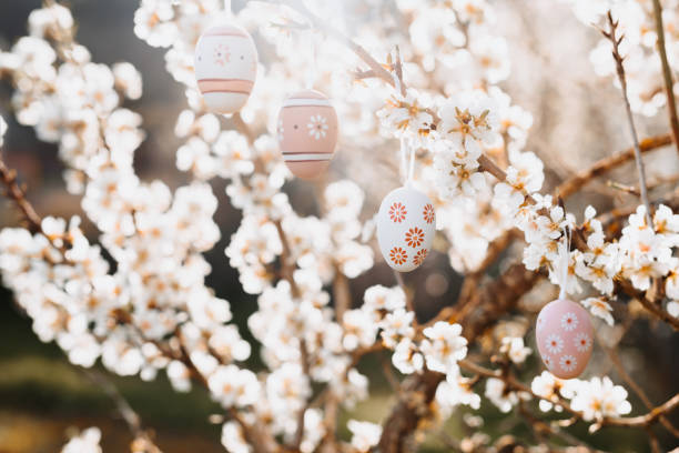 istock Boho easter eggs in beige and brown tones hanging in between almond blossoms in a dreamy sunlight on an almond tree 1368650507