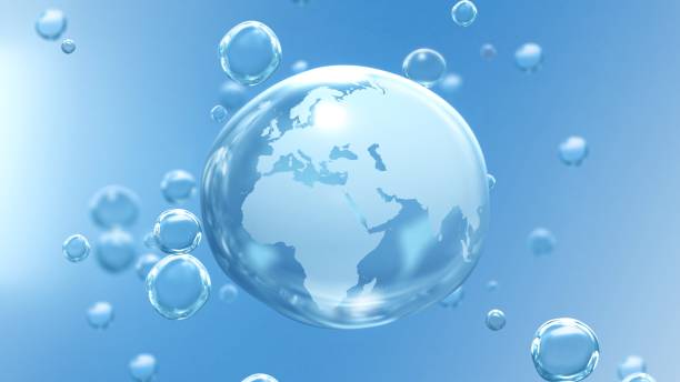 burbuja de globo de cristal blanco sobre fondo de pancarta de gota azul que representa los continentes de áfrica y europa - animal planet sea life fotografías e imágenes de stock