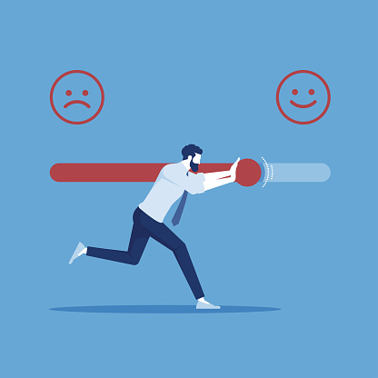 Businessman pushing satisfaction or loading progress level bar slider between smiley and upset customer face. Rating or review ranking bar, feedback rate emoticon illustration concept