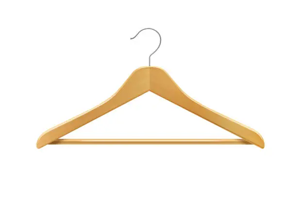 Empty wooden hanger isolated on a white background. Potential copy space above and inside clothes hangers. Coat hanger close up.