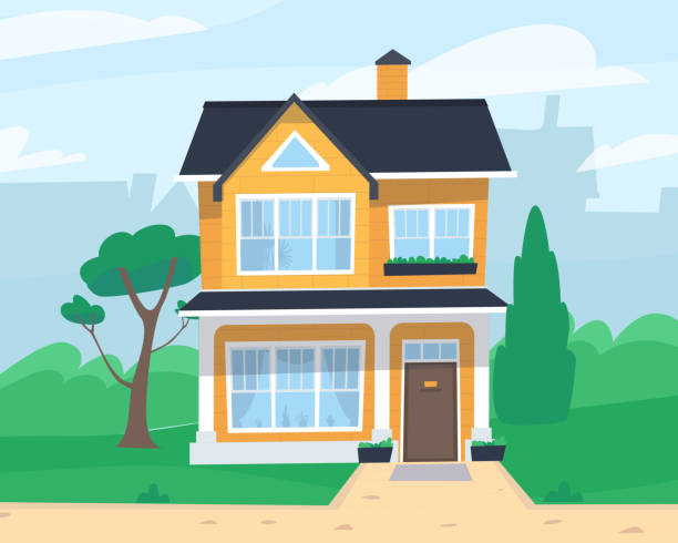 Nice two-story house with large windows. Yellow path at the house. Suburban village. Flat vector Nice two-story house with large windows. Yellow path at the house. Suburban village. Flat vector illustration modern house driveway stock illustrations