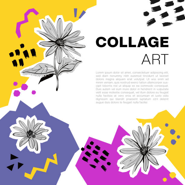 floral collage elements, banner aus collage elementen lebendige mixed media abstrakt. vektorillustration - collage stock-grafiken, -clipart, -cartoons und -symbole