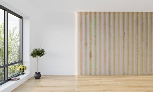 istock Modern interior design mock up with white walls and vertical slats panel, 3D Render, 3D Illustration 1368658332