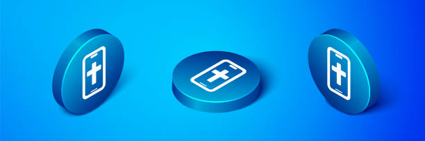 ilustrações de stock, clip art, desenhos animados e ícones de isometric christian cross on mobile phone icon isolated on blue background. church cross. blue circle button. vector - religious icon telephone symbol mobile phone